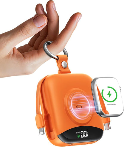 Portable Charger Power Bank, 10000mAh Fast Charging Power Bank with Built-in Cables, Travel Keychain Battery Pack with LED Display for iPhone Samsung Android iPad iWatch Charger 11/10/9/8/Ultra,Orange