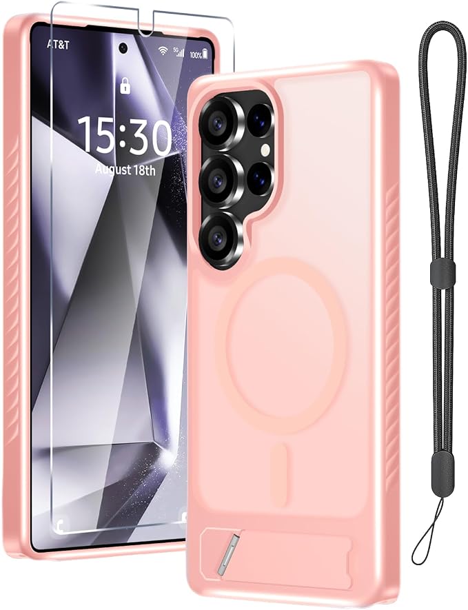 for Samsung Galaxy S25 Ultra Case with Screen Protector+Lanyard Wrist Strap,Magnetic Translucent Matte Rugged Slim Phone Cover Built in Invisible Kickstand [Fit for MagSafe],2025 Cute Pink