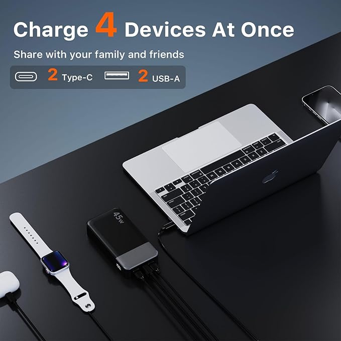 J2621 Power Bank Portable Charger 20000mAh 45W, PD3.0 QC 4.0 Fast Charging Battery Pack with LED Display,2 USB-C,2 USB-A for iPhone 15 16, MacBook