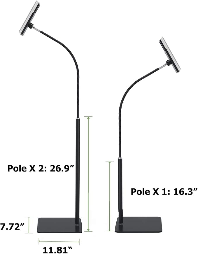 Tablet Floor Stand with Flexible Gooseneck and Stable Aluminum Base Suitable for 3.5” - 10.6” Smart Phone & Tablet Black