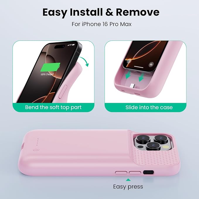 Feob Battery Case for iPhone 16 Pro Max,Ultra-Slim 8600mAh Portable Charger Cover 360°Protection Rechargeable Extended Battery Charging Case for iPhone 16 Pro Max-Pink