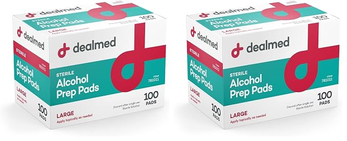 Dealmed Alcohol Prep Pads – 100 Count Large Latex-Free Gamma Sterilized Antiseptic Wipes, Wound Care Products for First Aid Kits, Home, and Medical Facilities (Pack of 2)