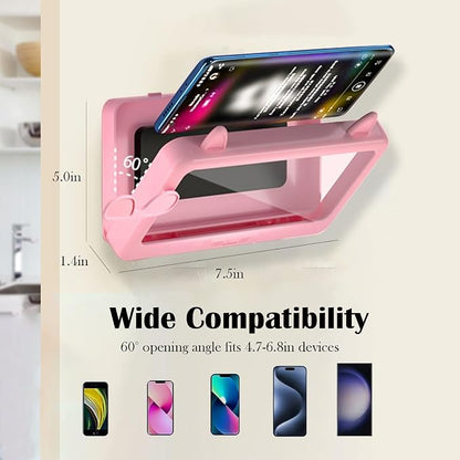 Shower Phone Holder Waterproof, Anti-Fog Touch Screen Shower Phone Case, 480 Rotation Wall Phone Mount Stand for Bathroom Batheub Kitchen Wall Mirror, Compatible with 4.7"-6.8" Phones (Pink)