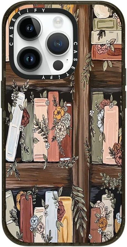 CASETiFY Impact iPhone 14 Pro Case [4X Military Grade Drop Tested / 8.2ft Drop Protection/Compatible with Magsafe] - Bookshelf Garden by KT's Canvases - Clear Black