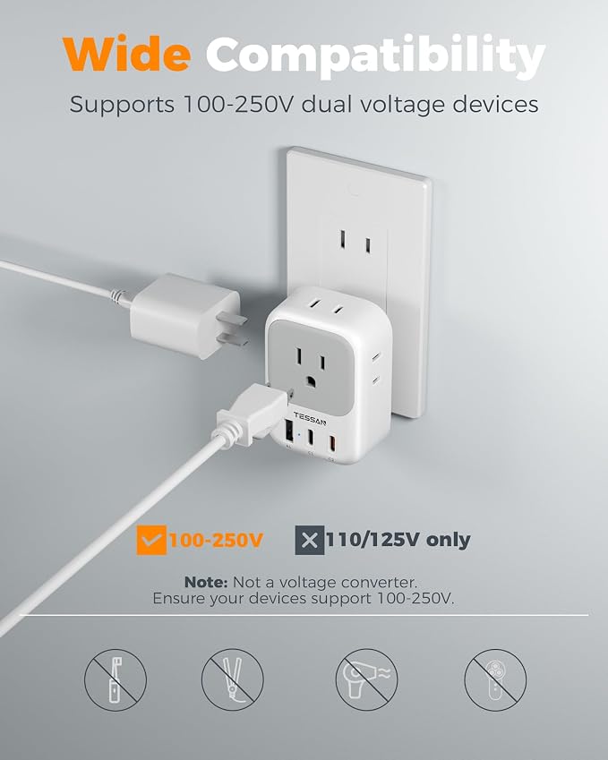 TESSAN US to Japan Plug Adapter PD 20W,2 Pack 2 Prong to 3 Prong Outlet Adapter with 4 Outlets and 3 USB (2 USB-C), Power Adaptor US to Japan China Mexico Philippines Canada Peru Thailand Vietnam