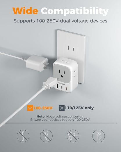 TESSAN US to Japan Plug Adapter PD 20W,2 Pack 2 Prong to 3 Prong Outlet Adapter with 4 Outlets and 3 USB (2 USB-C), Power Adaptor US to Japan China Mexico Philippines Canada Peru Thailand Vietnam