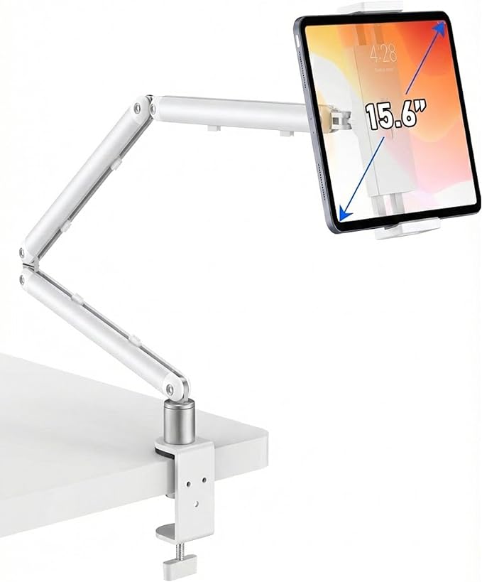 iPad Holder for Desk, Adjustable Tablet Arm iPad Desk Mount with C-Clamp, 30" Foldable Long Arm & 360° Rotation, Fits 4.7"–15.6" iPad Pro/Air/Mini, Phones & 15.6" Portable Monitors for Desk Use, White