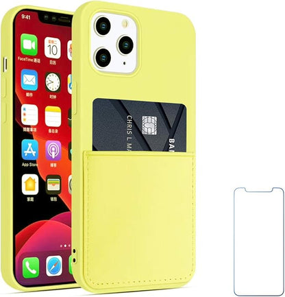 Ultra Slim Liquid Silicon Gel Case Compatible with iPhone 12,for iPhone 12 Pro 6.1 inch 2020 with Card Holder Sleeves Slot Anti-Scratch Shockproof Wallet Cover with Screen Protector(Yellow)
