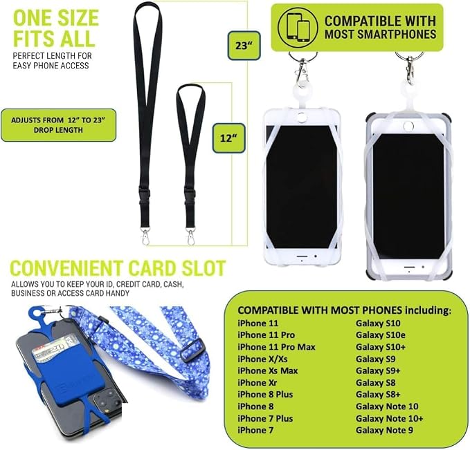 Gear Beast Cell Phone Lanyard with Adjustable Neck Strap Compatible with iPhone Galaxy & Most Smartphones, Silicone Phone Holder with Card Pocket and Adjustable Satin Polyester Lanyard