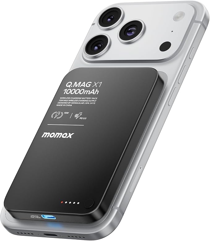 MOMAX Magnetic Wireless Power Bank 10000mAh, Ultra-Slim 0.5" MagSafe-Compatible Portable Charger, 20W USB-C PD Fast Charging, for iPhone 17/16/15/14/13/12 Series, Samsung Galaxy & Google Pixel