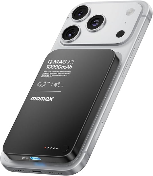 MOMAX Magnetic Wireless Power Bank 10000mAh, Ultra-Slim 0.5" MagSafe-Compatible Portable Charger, 20W USB-C PD Fast Charging, for iPhone 17/16/15/14/13/12 Series, Samsung Galaxy & Google Pixel