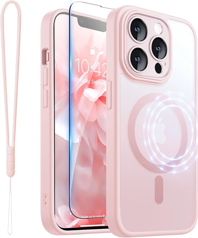 ROYBENS for iPhone 12 Pro-Max Matte Clear Case Compatible with Magsafe, Full Camera Lens Protection, Screen Protector, Wrist Strap, Translucent Magnetic Slim Hard Protective Phone Cover, Pink