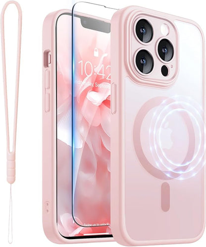 ROYBENS for iPhone 13 Pro-Max Matte Clear Case Compatible with Magsafe, Full Camera Lens Protection, Screen Protector, Wrist Strap, Translucent Magnetic Slim Hard Protective Phone Cover, Pink