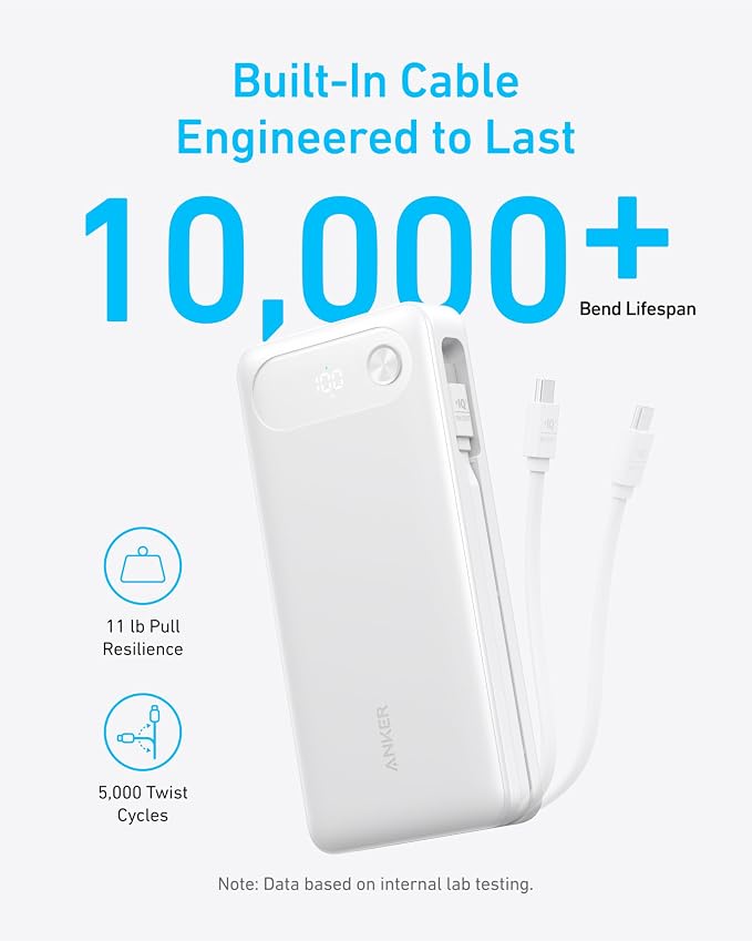 Anker Power Bank, 20,000mAh Travel Essential Portable Charger with Built-in USB-C Cable, 3-Port 87W Max Fast Charging Battery Pack, for MacBook, iPhone 16/15 Series, Samsung, Switch, and More
