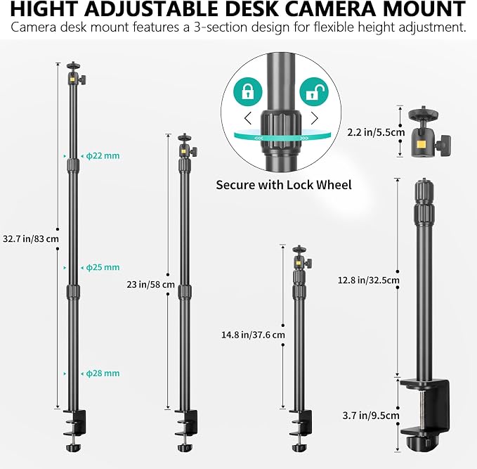 Camera Desk Mount Table Stand with Ball Head, Adjustable Light Stand with 1/4" Screw & C Clamp for DSLR Camera, Ring Light, Live Streaming, Photo Video Shooting