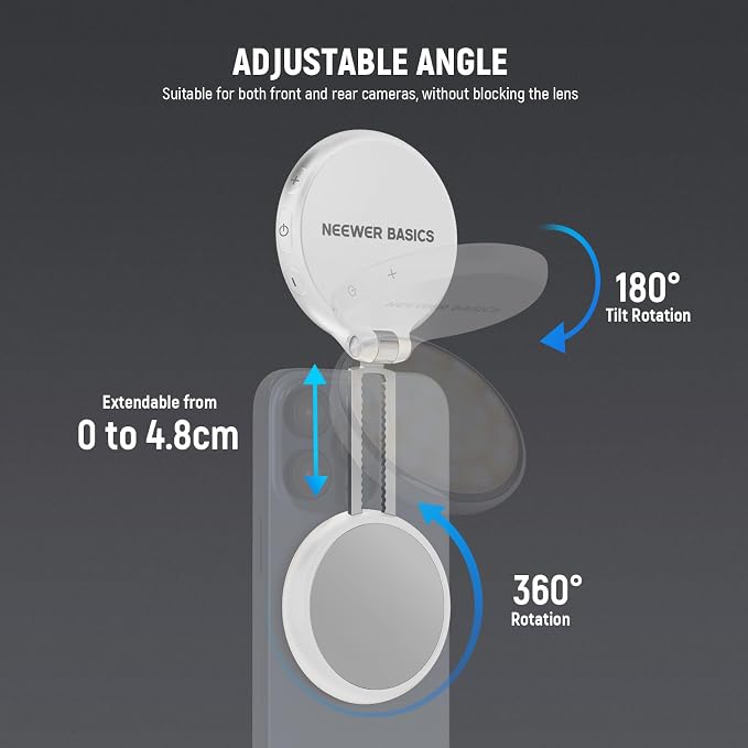 NEEWER Basics Magnetic LED Selfie Light Compatible with MagSafe iPhone, Desk Stand Phone Holder with Makeup Mirror 1160lx/0.2m 900mAh CRI95 Fill Lighting for Video Recording Streaming, White NL48R