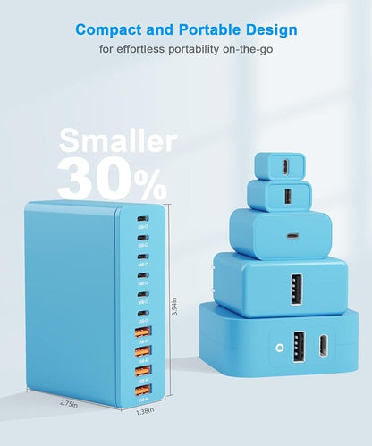 USB C Charging Station 10 Port with 4 Cables,200W GaN Type C Charger Block | Wall Charger Power Strip Adapter Plug for iPad iPhone17 16 15 14 13 12 Pro Max Pixel Note Galaxy Blue