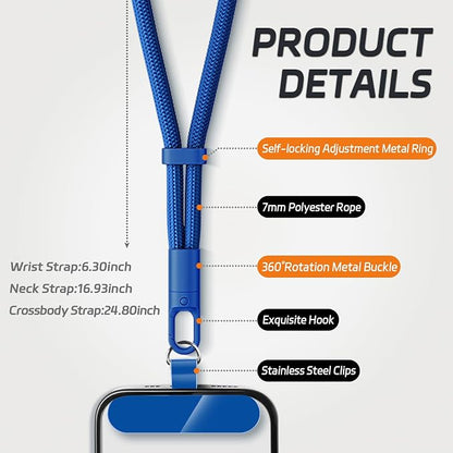 KITANIS 3 Pack Phone Lanyard,1×Phone crossbody strap,1×Phone Neck Strap,1×Wrist Strap,3×Tether Tabs,Universal Cell Phone Multifuctional Patch Polyester Lanyards(Blue)