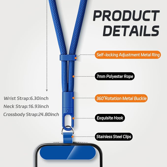 KITANIS 2 Pack Phone Lanyard,2×Phone Neck Strap,4×Tether Tabs,Universal Cell Phone Multifuctional Patch Polyester Lanyards,Cell Phone Lanyards for Women and Men(blue+yellow)
