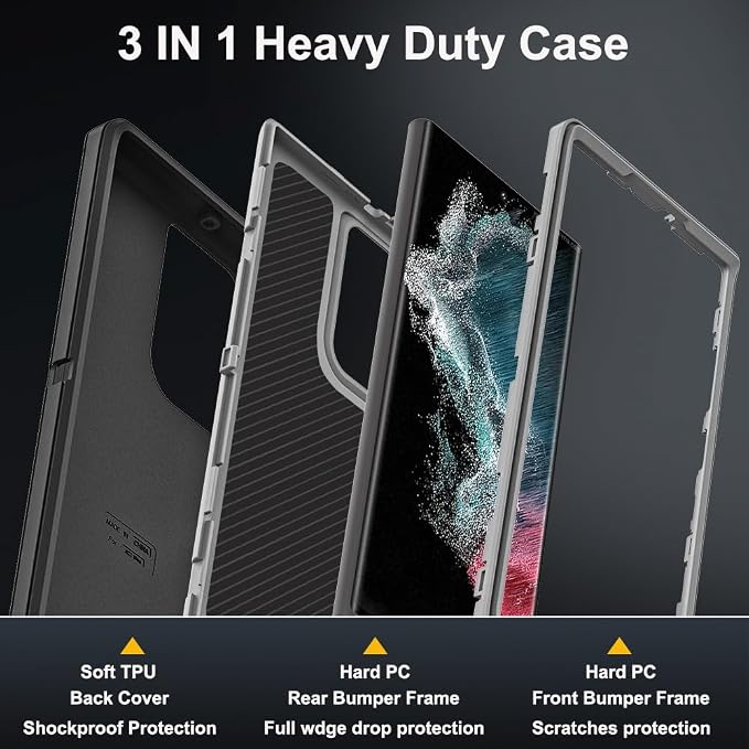 for Samsung Galaxy S22 Ultra Case with 2Pcs Self Healing Flexible TPU Screen Protector & Camera Lens Protector, 3 in 1 Heavy Duty Shockproof/Drop Proof/Dust Proof Case (Black/Grey)