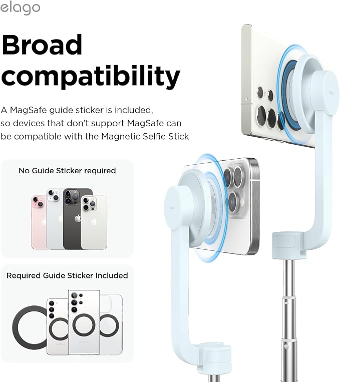 elago Magnetic Selfie Stick Tripod Compatible with MagSafe for iPhone and Galaxy, Strong Magnetism, Portable, Lightweight, Extendable [Pouch, Bluetooth Remote, Guide Sticker Included] [Light Blue]