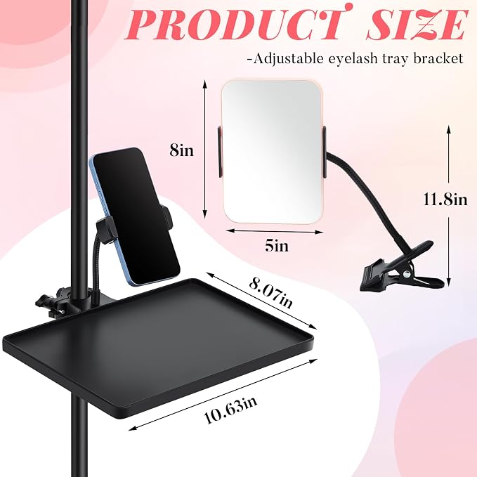 Saillong Adjustable Lash Tray Holder for Ring Light Tray 10.6" x 8" Lash Trays Organizer with Phone Holder, Makeup Mirror and Mirror Clip for Salon or Home Use Eyelash Extensions Supplies