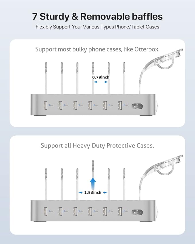 SooPii Premium 6-Port USB Charging Station Organizer for Multiple Devices, 6 Short Charging Cables and One Upgraded i-Watch Charger Holder Included, for Phones,Tablets and Other Electronics, Silver