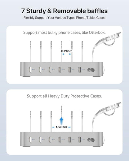 SooPii Premium 6-Port USB Charging Station Organizer for Multiple Devices, 6 Short Charging Cables and One Upgraded i-Watch Charger Holder Included, for Phones,Tablets and Other Electronics, Silver