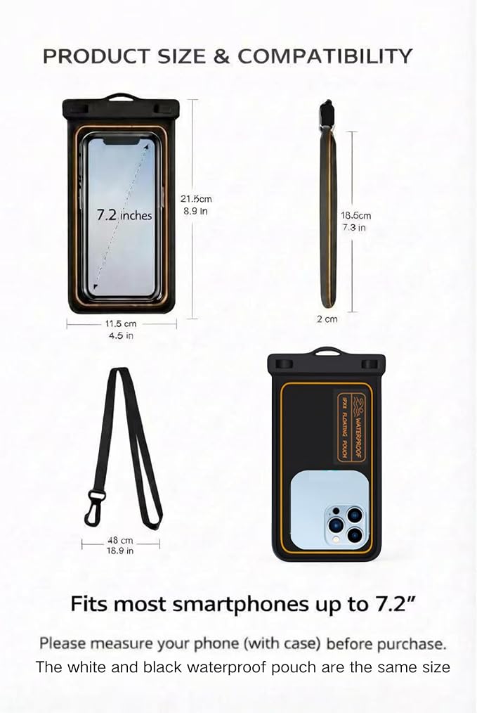 2-Pack IPX8 Floating Waterproof Phone Pouch, Dry Bag with Lanyard, Fits up to 7.2”, Compatible with iPhone 16/15/14/13 Pro Max, Galaxy S25/S24 Ultra, Pixel for Snorkeling, Kayaking(Black-White)