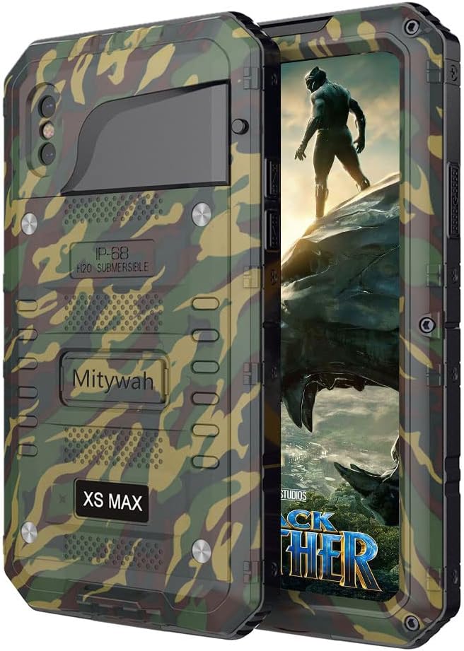 Mitywah Waterproof Case for iPhone Xs MAX, Shockproof Full Body Cover with Screen Protection, Heavy Duty Military Grade Defender Impact Rugged Strong Though Metal Shell for Outdoor, Camouflage