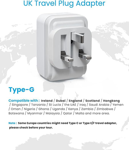 2 Pack US to UK Ireland Plug Adapter, VINTAR Foldable Type G Power Adapter, UK Travel Adaptor with 2 Outlets and 3 USB(2 USB C Ports) for England Scotland Ireland London Dubai Singapore Hong Kong