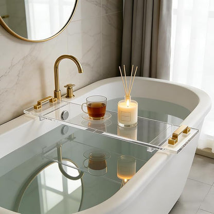 33in Clear Acrylic Bathtub Caddy with Metal Handles, Multifunctional Bath Tub Tray Bathtub Shelf Tray Simple Bath Board for Wine Glass,Book & Bathroom Essentials, Tubs Spa Gift for Men & Women