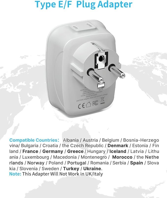 2 Pack Type E/F Plug Adapter, VINTAR Schuko Germany France Adapter Plug,South Korea Outlet Adapter with 1 USB C,3 USB Ports and 2 Outlets, US to EU Spain Iceland Greece Paris German French Korea