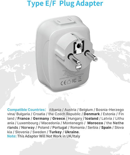 2 Pack Type E/F Plug Adapter, VINTAR Schuko Germany France Adapter Plug,South Korea Outlet Adapter with 1 USB C,3 USB Ports and 2 Outlets, US to EU Spain Iceland Greece Paris German French Korea