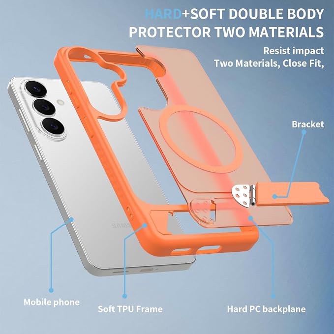 RMOCR for Samsung Galaxy S26 Case with Screen Protector+Lanyard Wrist Strap,Magnetic Translucent Matte Rugged Slim Phone Cover Built in Invisible Kickstand [Fit for MagSafe],2026 Orange
