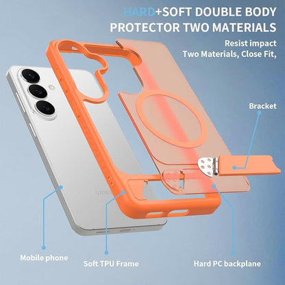 RMOCR for Samsung Galaxy S26 Case with Screen Protector+Lanyard Wrist Strap,Magnetic Translucent Matte Rugged Slim Phone Cover Built in Invisible Kickstand [Fit for MagSafe],2026 Orange