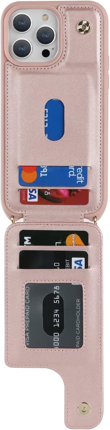 Lipvina for iPhone 13 Pro Case with Card Holder and Strap for Women,Crossbody Lanyard,RFID Blocking,Kickstand Ring Stand,Snap Clasp,Phone Wallet Cases 6.1 inch(Rose Gold)