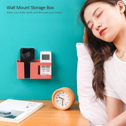 D3 Wall Mount Phone Holder, Punch-Free Wall-Mounted Mobile Phones Charging to Stand, Sticky Remote Control Storage Box Bedside Lazy Mobile Phone Rack, Multipurpose Storage Box (2 Pack-R)