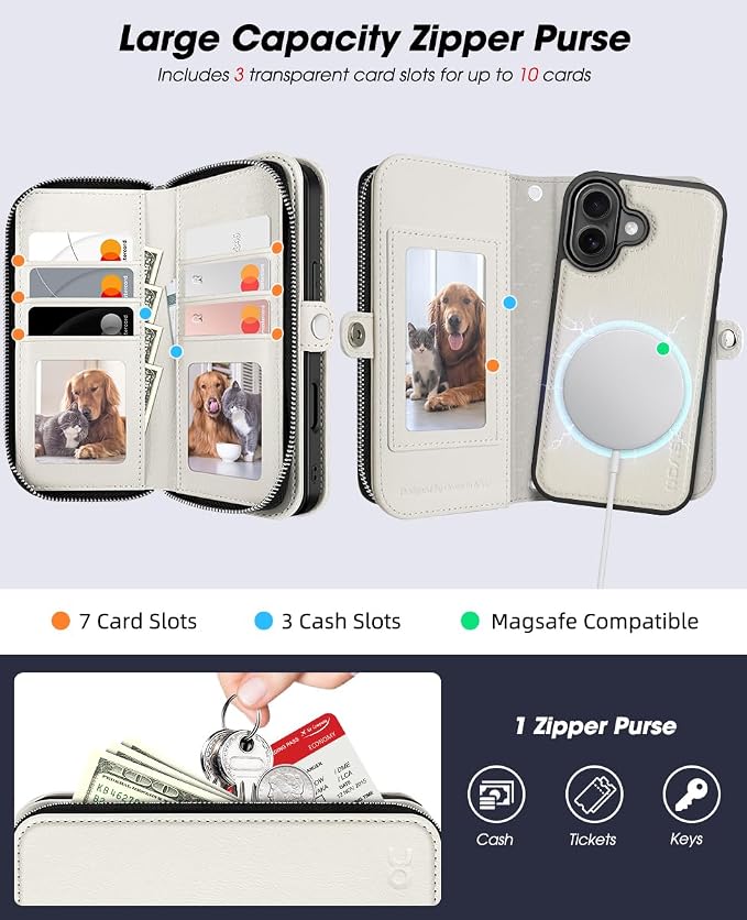 OCASE for iPhone 17 Crossbody Detachable Wallet Case, PU Leather Handbag Phone Purse with Zipper Closure, Card Slots & RFID Blocking, Wrist Strap, Lanyard, Kickstand, Cream