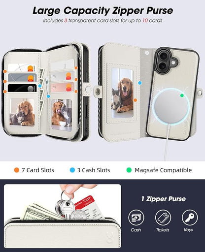 OCASE for iPhone 17 Crossbody Detachable Wallet Case, PU Leather Handbag Phone Purse with Zipper Closure, Card Slots & RFID Blocking, Wrist Strap, Lanyard, Kickstand, Cream