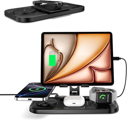 4 in 1 Wireless Charging Station with Stand for iPhone 16/15/14, Apple Watch 10/9/8, AirPods Pro 2 | Foldable Travel Charger | Nightstand Design (Black)