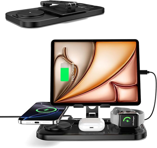 4 in 1 Wireless Charging Station with Stand for iPhone 16/15/14, Apple Watch 10/9/8, AirPods Pro 2 | Foldable Travel Charger | Nightstand Design (Black)