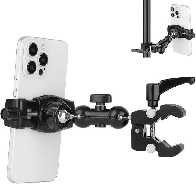 Phone Holder Clamp Mount for Treadmill/Spin Bike/Baby Stroller/Golf Cart/Music Stand/Microphone Stand/Handlebar,Compatible with 3.5~7.5" iPhone/Smartphone,360°Adjustable Aluminum Alloy Mount