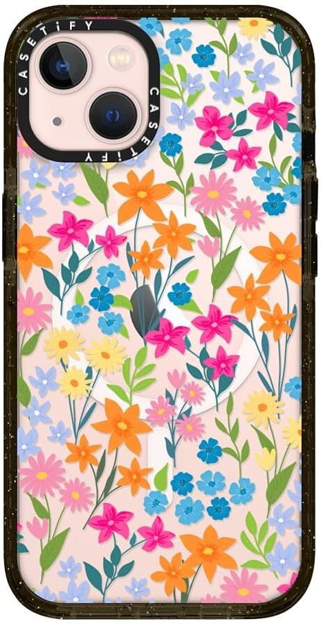 CASETiFY Impact iPhone 13 Case [ 6.6ft Drop Protection/Compatible with Magsafe ] Bright Spring Flowers - Daisy Floral Pattern - Clear Black