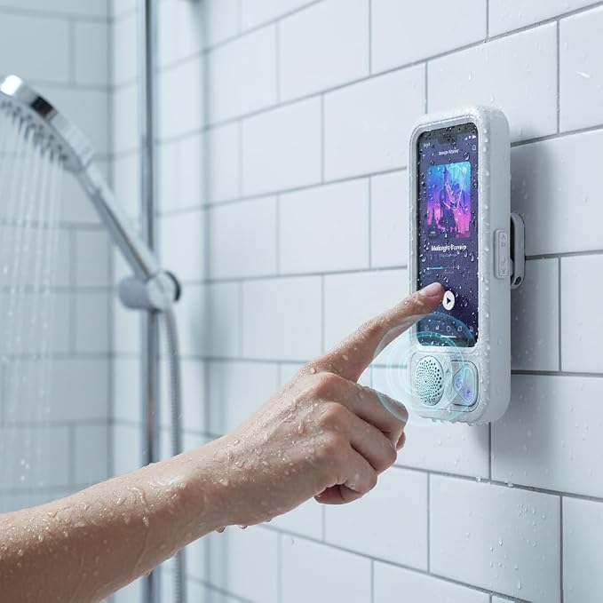 Shower Phone Holder Waterproof with Speaker and Key Control, Wall-Mounted Water Proof Anti Fog Case, Built-In Wireless Speaker, 360° Rotatable, Extendable and Adjustable, Waterproof Screen Touch,White
