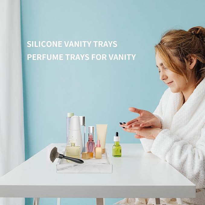 BBK Bathroom Vanity Tray - 2 Pack (7.8" and 11.8") Silicone Bathroom Trays for Counter, Perfume Key Trinket Ring Tray, Decor Soap Dispenser Countertop Tray for Kitchen Sink Organization (Marble Gray)