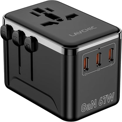 67W GaN Universal Travel Plug Adapter - International Power Adapter with 3 USB C & 1 USB A, Worldwide Power Outlet Travel Essentials for USA to European UK AUS Ireland, Type C/G/I/A (Black)