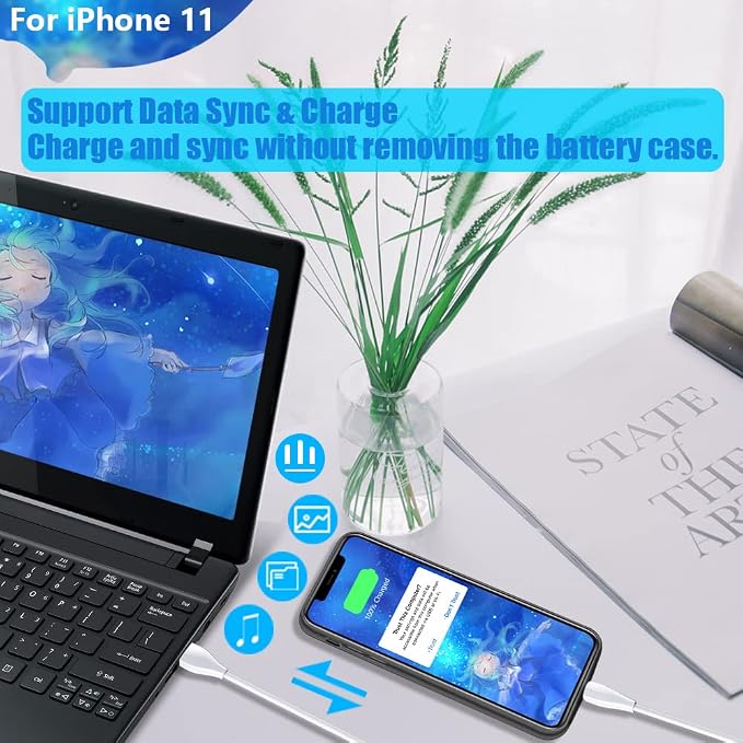 Battery Case for iPhone 11, 6000mAh Rechargeable Extended Battery Charging Charger Case, Add 120% Extra Juice, Support Wired Headphones Black