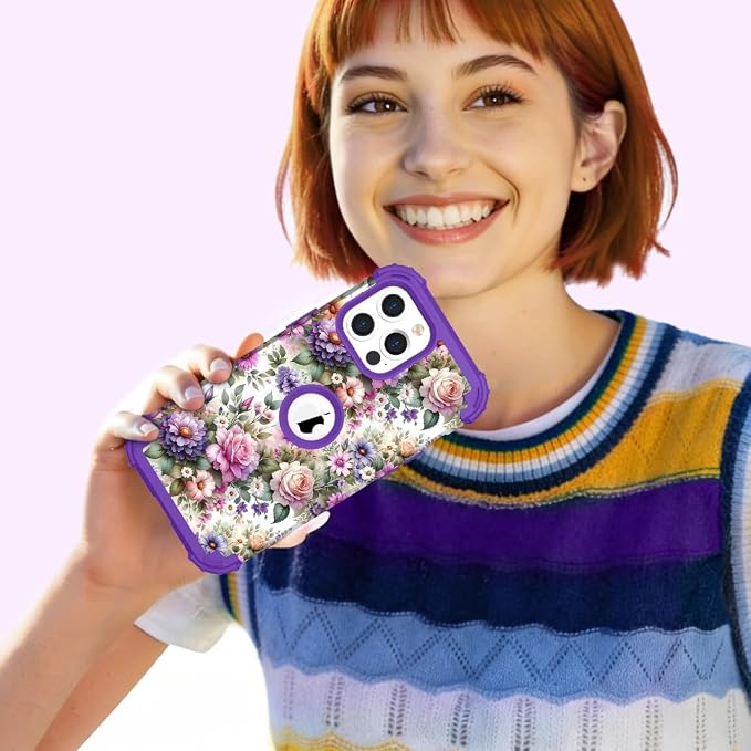 Hocase for iPhone 15 Pro Max Case, Heavy Duty Shockproof Protection Soft Silicone Rubber Bumper+Hard Plastic Hybrid Protective Case for iPhone 15 Pro Max 6.7" 2023 - Purple Pink Flowers