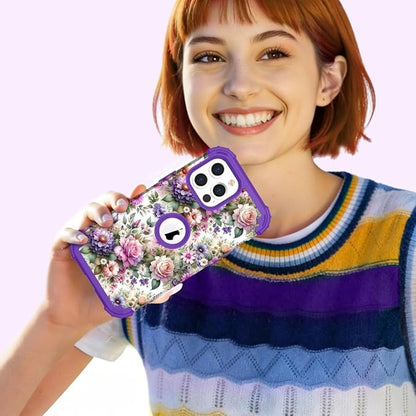 Hocase for iPhone 15 Pro Max Case, Heavy Duty Shockproof Protection Soft Silicone Rubber Bumper+Hard Plastic Hybrid Protective Case for iPhone 15 Pro Max 6.7" 2023 - Purple Pink Flowers